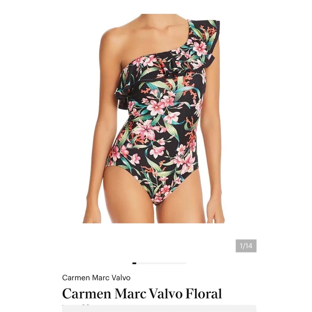 CARMEN MARC VALVO ONE SHOULDER RUFFLE SWIMSUIT IN BLACK FLORAL PRINT